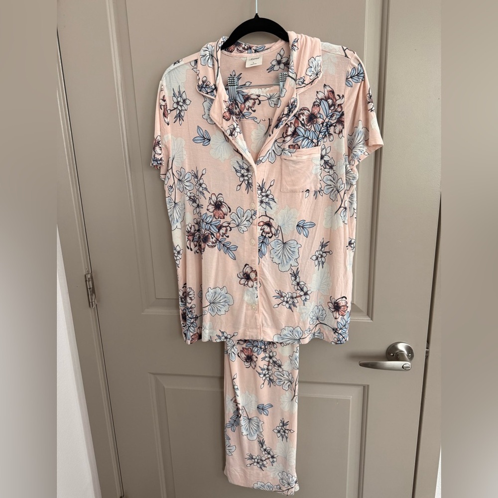 Soma “Notched Collar” short sleeve/pants peach floral print sz Large - Picture 2 of 10